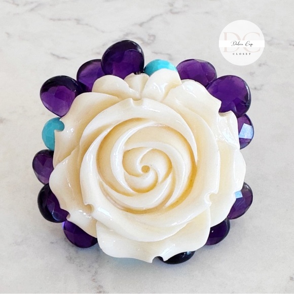 Sterling Silver 925 Resin Ring With Amethyst And Turquoise Real Quartz - Picture 3 of 7